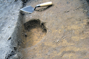 This posthole was lined with pieces of Native American pottery to help stabilize it