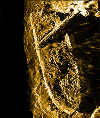 A sonar image shows the intact, iceberg-scoured wreck of Investigator