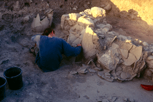 Student Scott Thompson excavates in a storeroom containing huge grain jars
